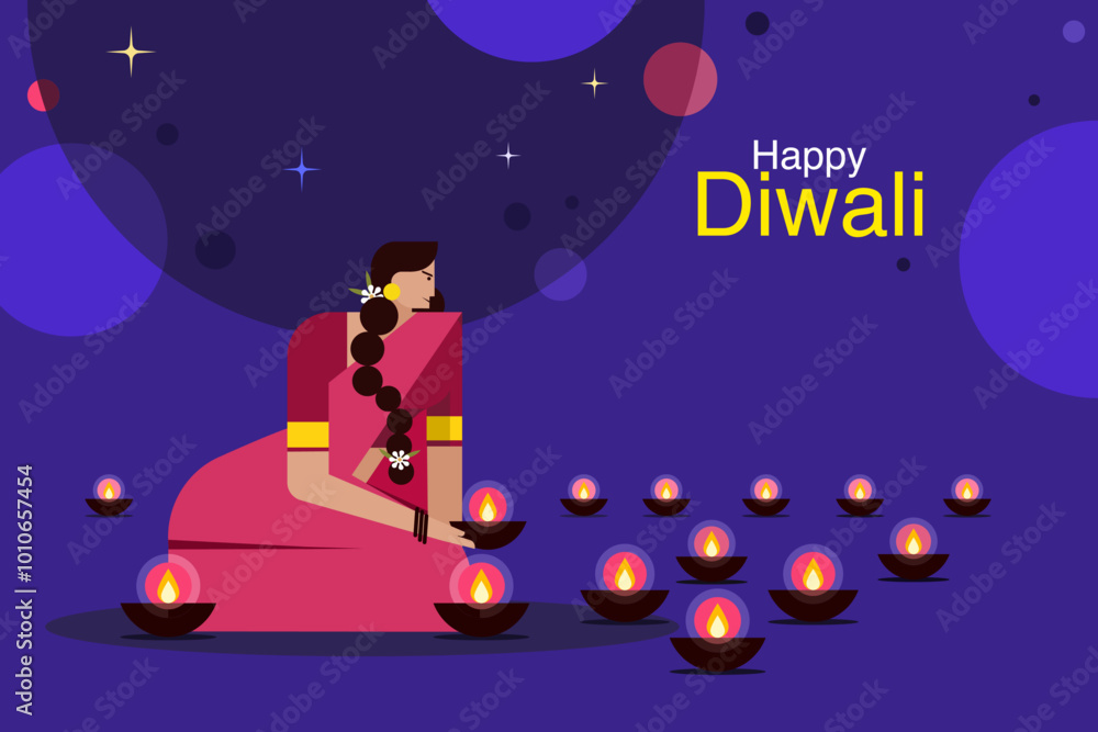 Φωτογραφία Illustration of an Indian woman decorating the floor with Diwali festival lamps