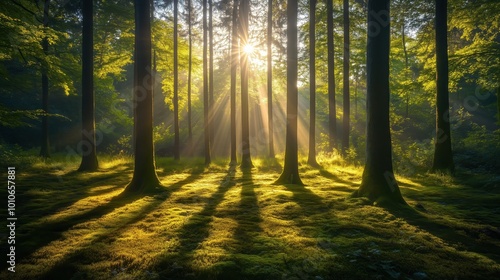 Sunrise in the Forest of Tall Trees with Sunlight Filtering Through Leaves Creating a Serene and Magical Atmosphere