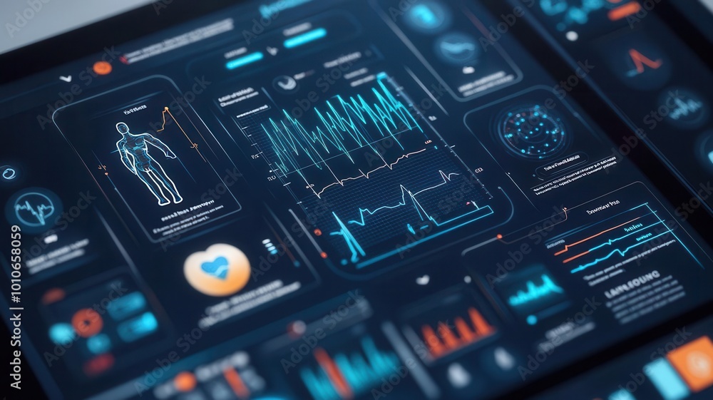 Holographic health dashboard, digital wellness management, futuristic personal health interface Holographic health dashboard, digital wellness management, futuristic personal health interface