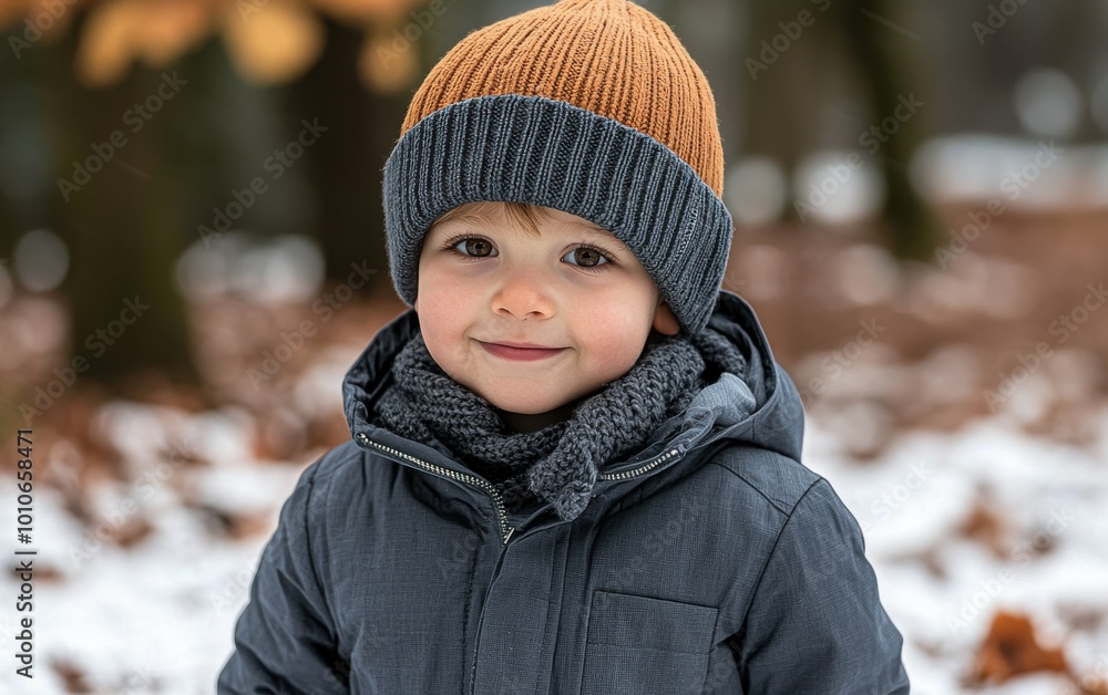A young child wearing a blue jacket and a brown and gray hat is smiling. The child is standing in the snow, and the hat is keeping him warm A young child wearing a blue jacket and a brown and gray hat is smiling. The child is standing in the snow, and the hat is keeping him warm