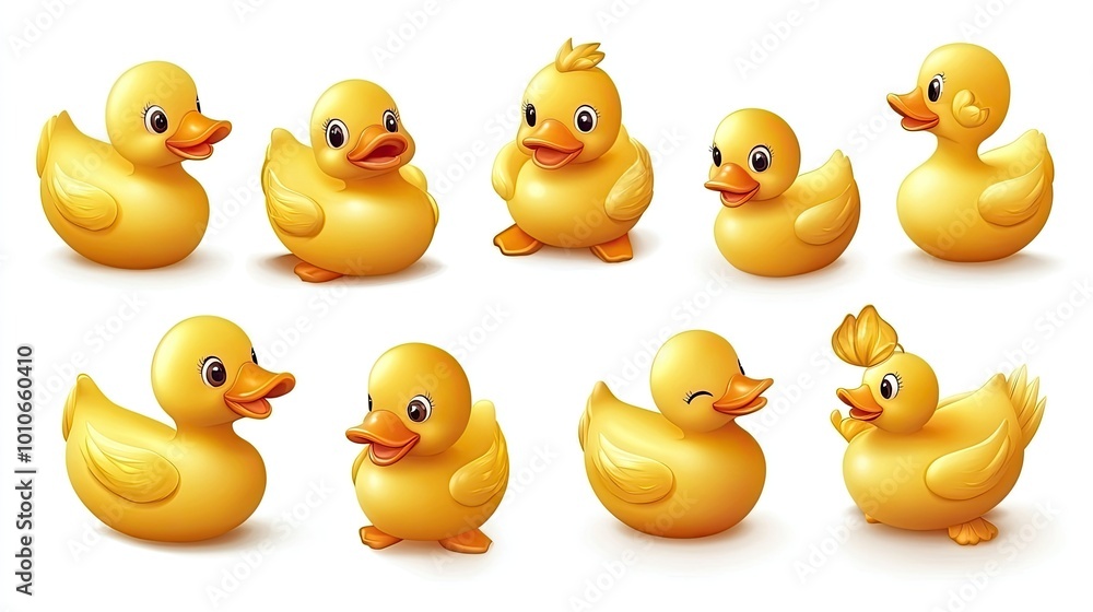 A collection of 10 yellow rubber duckies in various poses, isolated on a white background. A collection of 10 yellow rubber duckies in various poses, isolated on a white background.