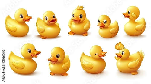 A collection of 10 yellow rubber duckies in various poses, isolated on a white background.