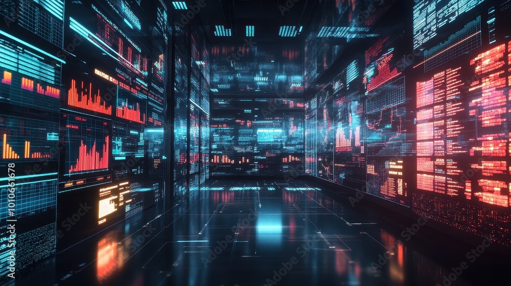 Futuristic Data Center with Glowing Interfaces and Reflections Futuristic Data Center with Glowing Interfaces and Reflections
