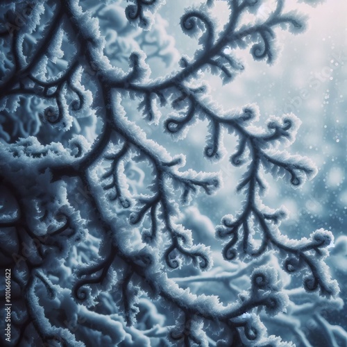 Close up of a snow covered branch with intricate patterns seen f