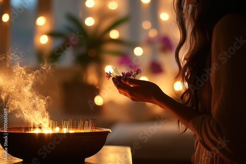 Silhouette of woman with incense during festival