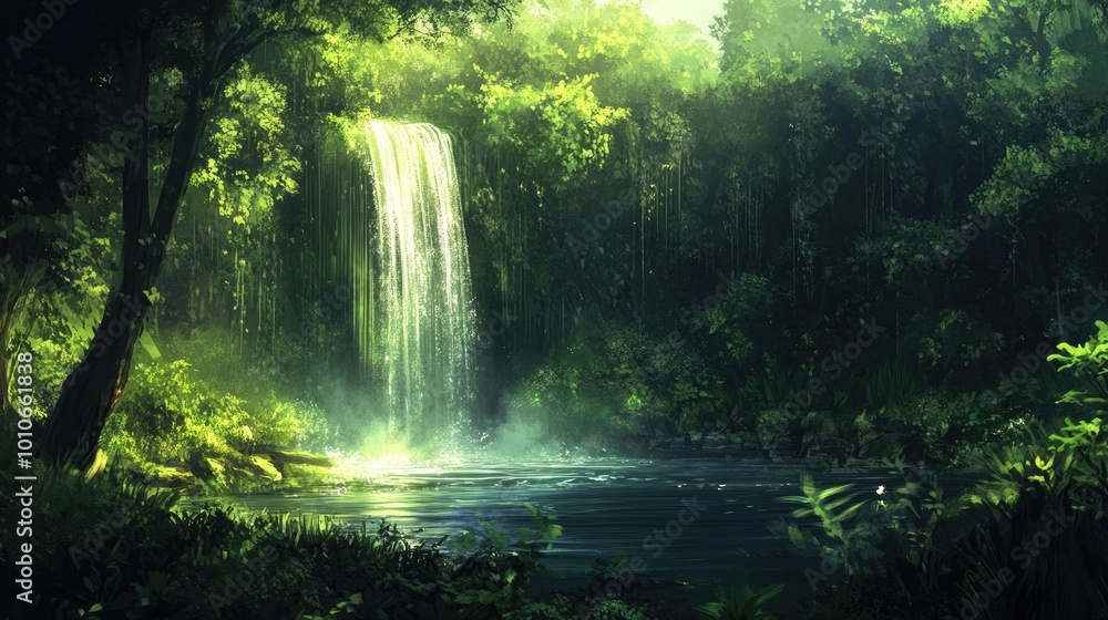 A gently flowing waterfall in a peaceful forest setting, surrounded by lush greenery and soft sunlight streaming through the trees A gently flowing waterfall in a peaceful forest setting, surrounded by lush greenery and soft sunlight streaming through the trees