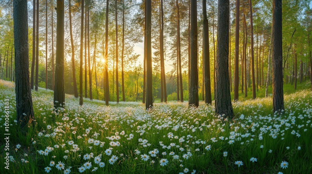 Fototapeta premium Ultra Wide Angle View of Tall Trees in Springtime Forest with Sunlight and Wildflowers