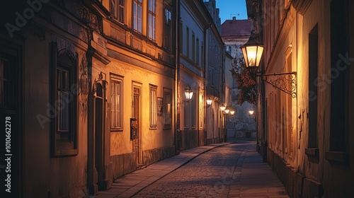 Serene Evening Street with Lanterns in Historic Town