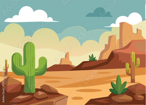 Thickets of cacti. Landscape in desert with sand and stones. Rocks and cliffs. Wildlife. Cartoon fun style. Flat design. Vector 