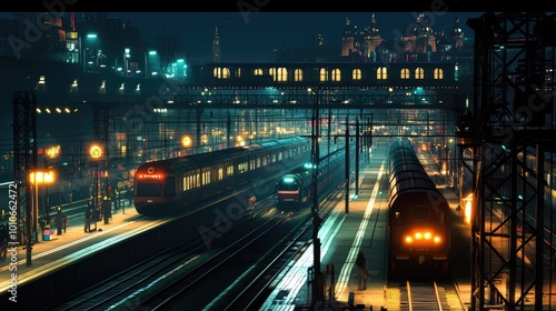 Nighttime Train Station with Bright City Lights