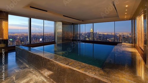 Sleek bedroom with a platform bed and expansive windows framing a sparkling city skyline at night. The perfect urban retreat.