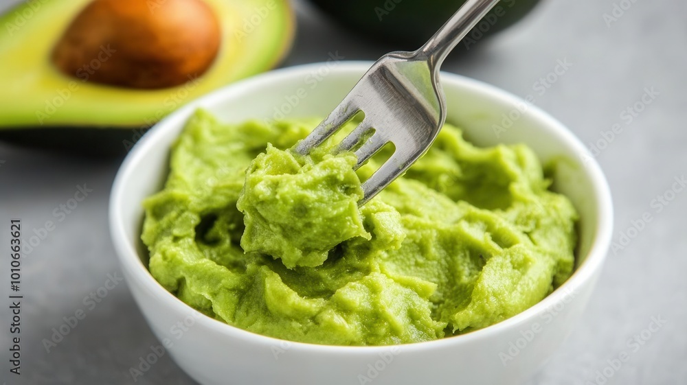 Avocado being mashed with a fork, photorealistic, nourishing plant-based skin treatment Avocado being mashed with a fork, photorealistic, nourishing plant-based skin treatment