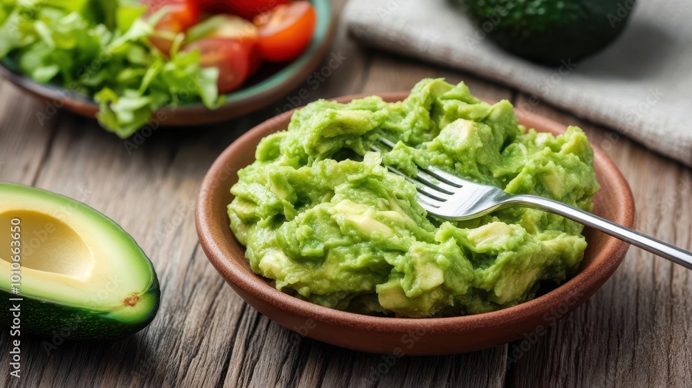 Avocado being mashed with a fork, photorealistic, nourishing plant-based skin treatment Avocado being mashed with a fork, photorealistic, nourishing plant-based skin treatment