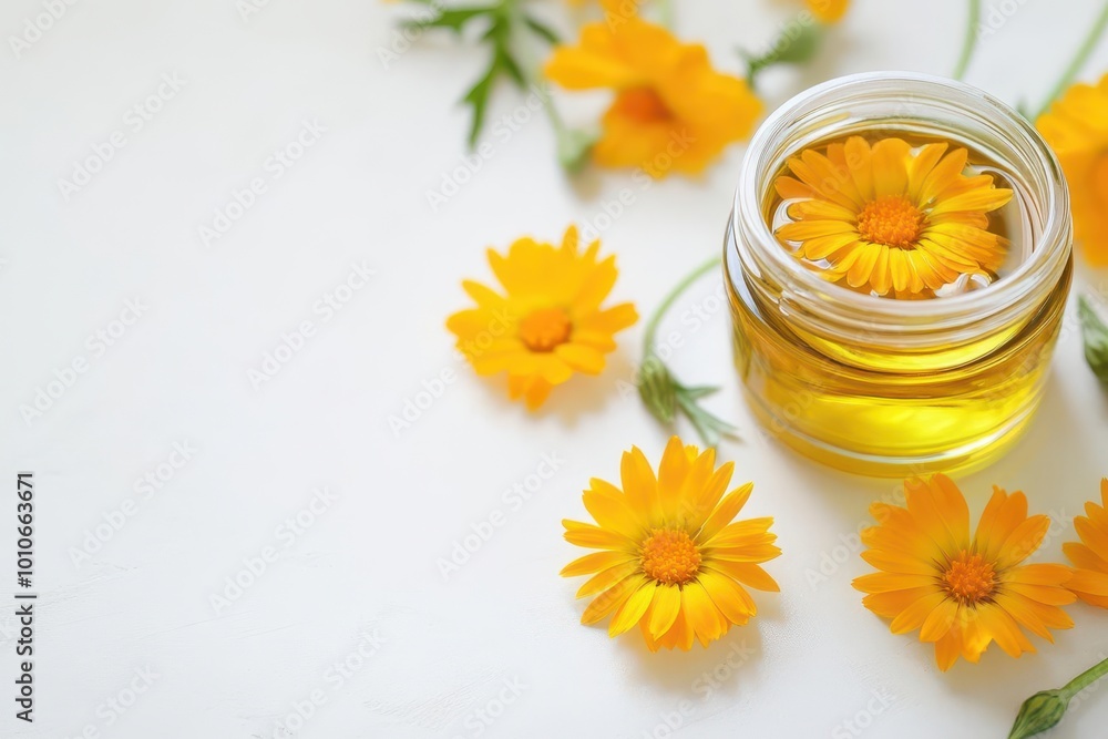 Calendula petals steeping in warm oil, photorealistic, healing and soothing plant-based skincare Calendula petals steeping in warm oil, photorealistic, healing and soothing plant-based skincare