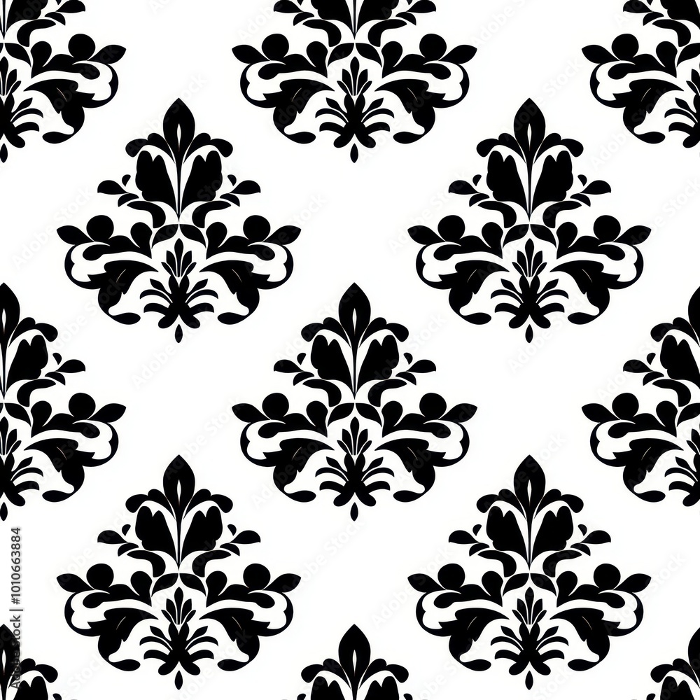 Elegant black damask pattern on a white background, showcasing intricate floral and scrolling designs, suitable for various decor styles. Elegant black damask pattern on a white background, showcasing intricate floral and scrolling designs, suitable for various decor styles.