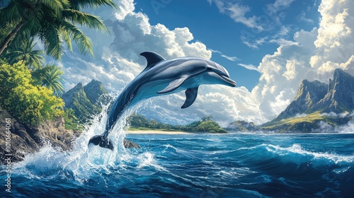 Dolphin Leaping Over a Tropical Ocean Wave
