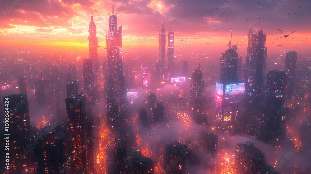 Fototapeta premium Cyberpunk Cityscape at Sunset Generative AI