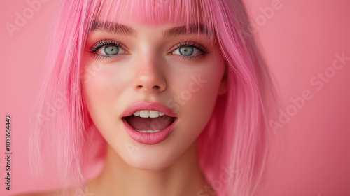 A girl in a pink wig, on a pink background fashion, pink makeup, a serious face