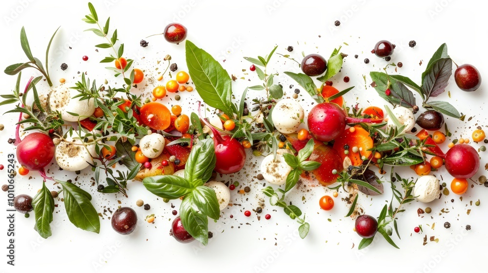 Vibrant diagonal composition of fruits and vegetables on a white table creating a sense of movement Vibrant diagonal composition of fruits and vegetables on a white table creating a sense of movement