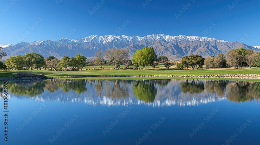 Fototapeta premium A peaceful lake reflecting the surrounding mountains and trees under a bright blue sky, creating a mirrored effect.