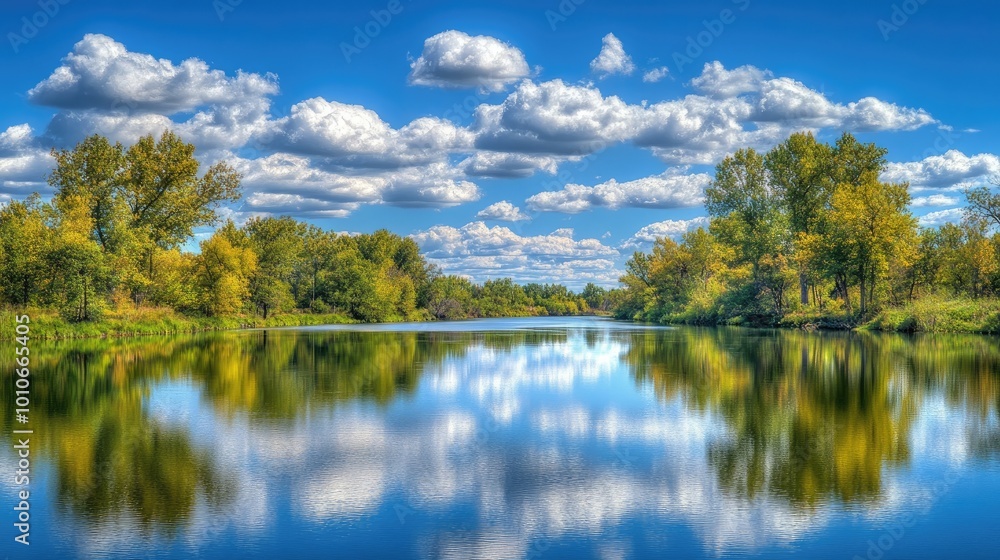 A peaceful scene of a cool blue sky with fluffy white clouds reflected in a calm river, surrounded by trees. A peaceful scene of a cool blue sky with fluffy white clouds reflected in a calm river, surrounded by trees.