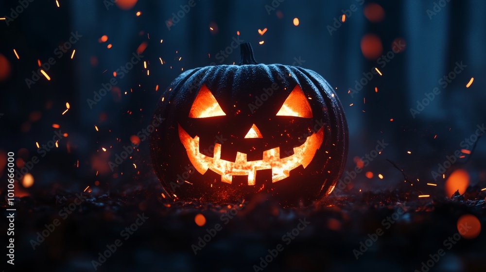 A scary Jack-o-lantern with an open mouth, sparks flying from within, dramatic underlighting, digital illustration, surreal colors, dark blue and orange contrasts, eerie forest background A scary Jack-o-lantern with an open mouth, sparks flying from within, dramatic underlighting, digital illustration, surreal colors, dark blue and orange contrasts, eerie forest background