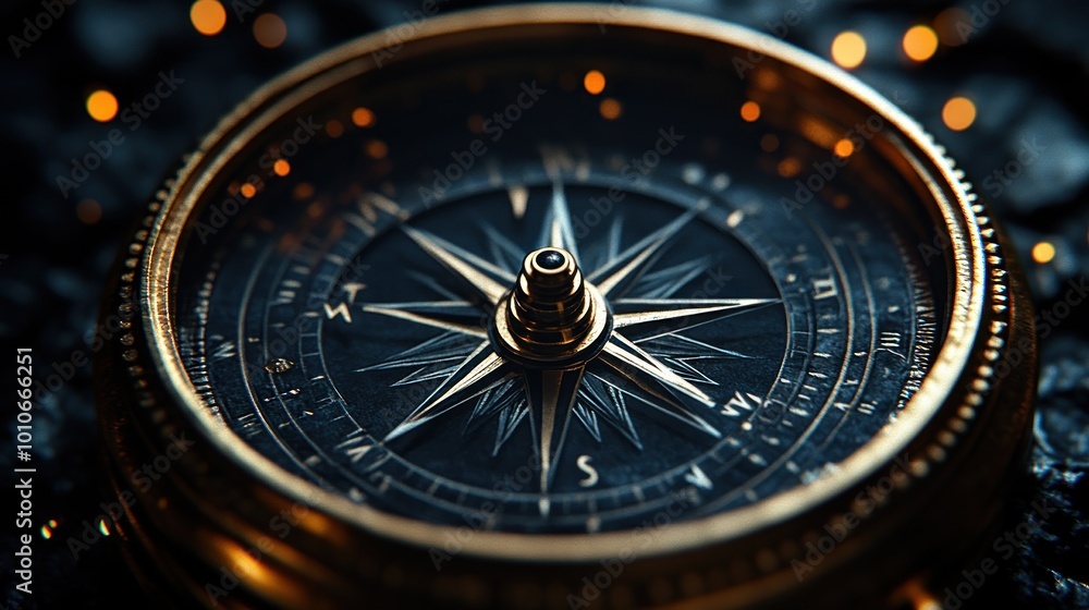 A close-up of an ornate compass on a textured surface. A close-up of an ornate compass on a textured surface.