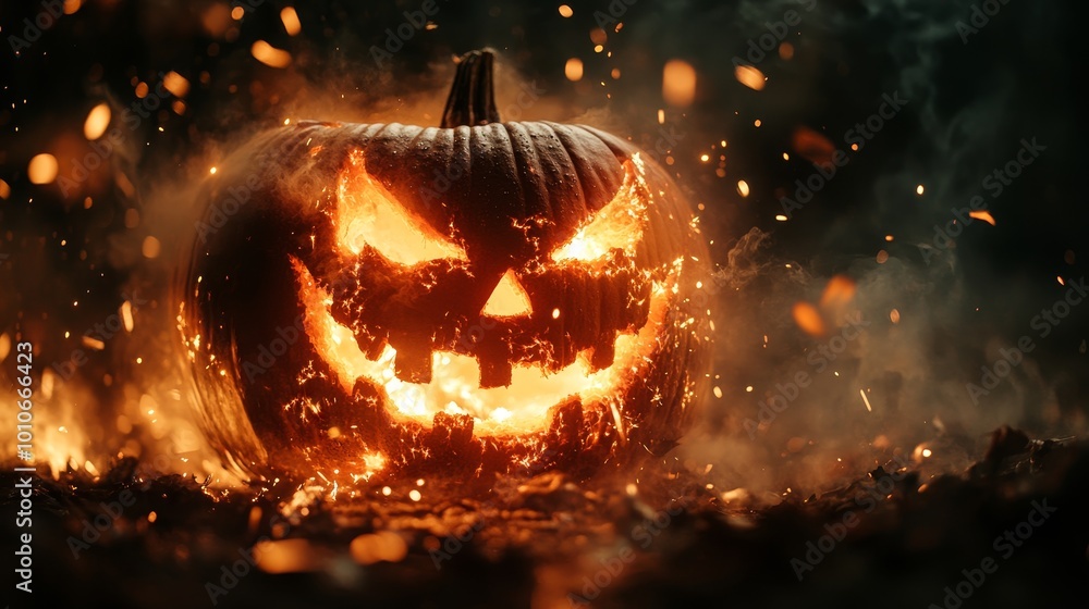 Fototapeta premium A sinister Jack-o-lantern glowing intensely in the dark, with dramatic backlighting, surrounded by flying sparks, smoke, and eerie shadows