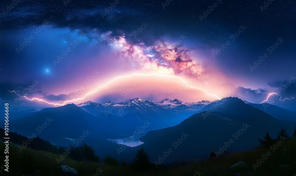 Milky Way over the beautiful mountains with lightning at night in summer. Colorful landscape with bright starry sky with Milky Way, generative ai Milky Way over the beautiful mountains with lightning at night in summer. Colorful landscape with bright starry sky with Milky Way, generative ai