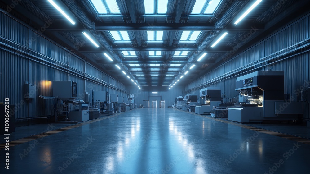 A state-of-the-art CNC production hall, with shining machines and glowing panels, in a futuristic, eco-friendly, and open industrial environment A state-of-the-art CNC production hall, with shining machines and glowing panels, in a futuristic, eco-friendly, and open industrial environment