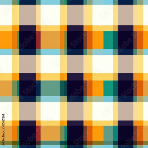 A vibrant, colorful plaid pattern featuring squares in shades of blue, orange, cream, and dark navy, creating a cheerful, modern design.