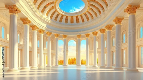 Neoclassical grand hall with symmetrical columns  a domed ceiling with detailed frescoes  sunlight pouring in from a central skylight  soft warm tones  3D render