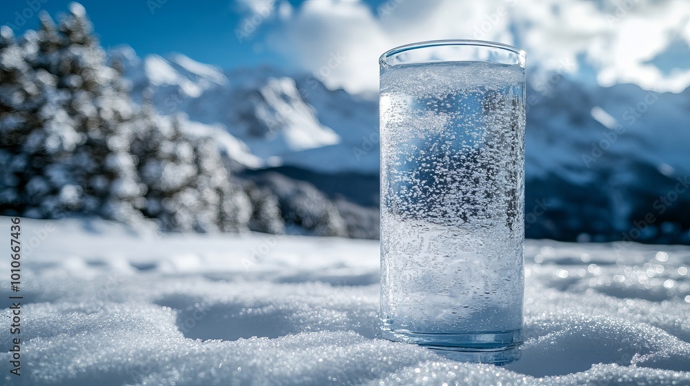 A tall glass of cold mountain water, set against a backdrop of dramatic, snow-covered peaks, the glass casting shadows on a frosty surface A tall glass of cold mountain water, set against a backdrop of dramatic, snow-covered peaks, the glass casting shadows on a frosty surface