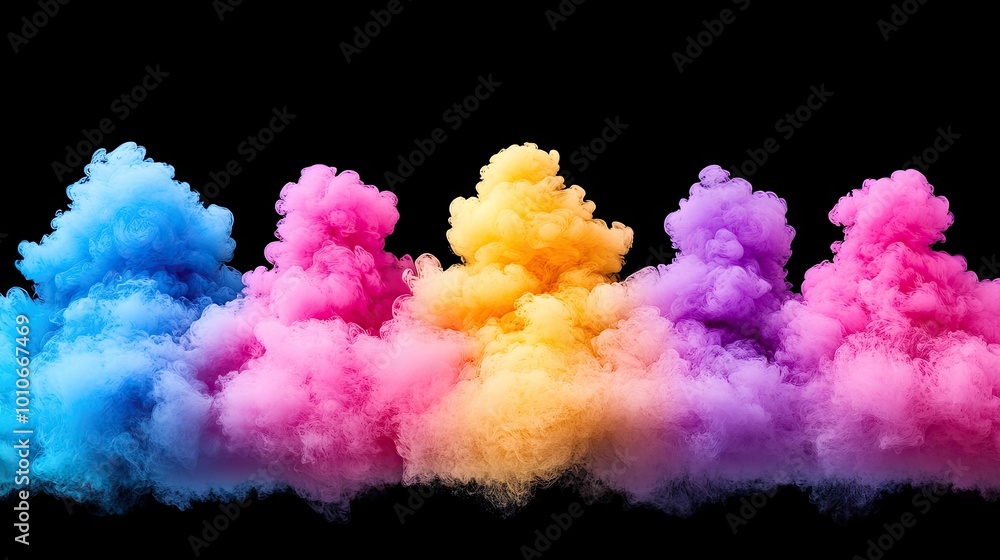 Fototapeta premium Soft, translucent clouds of smoke in shades of pink, purple, and blue, set against a black background, creating an elegant and abstract design.