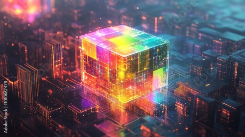 A transparent quantum computing unit glowing in rainbow hues  hovering over a futuristic cityscape  connected to digital energy fields and AI networks