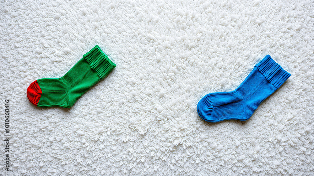 Several pairs of cute green, red and blue socks lay on a white carpet. Christmas holiday style, space for text, Several pairs of cute green, red and blue socks lay on a white carpet. Christmas holiday style, space for text,