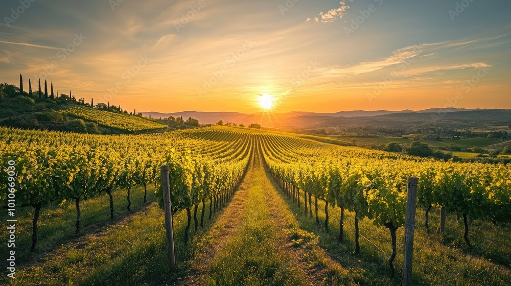 Naklejka premium Serene Vineyard at Sunset with Golden Light