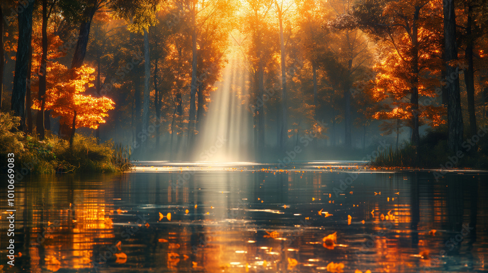 Serene autumn morning with sunlight reflecting on a calm lake and colorful trees. Generative AI Serene autumn morning with sunlight reflecting on a calm lake and colorful trees. Generative AI