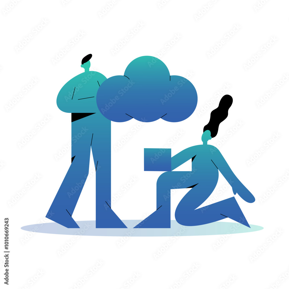 Cloud storage for downloading or uploading files. Man holds a cloud of data where a woman uploads files from her computer. Modern Flat vector illustration in cartoon style. Cloud storage for downloading or uploading files. Man holds a cloud of data where a woman uploads files from her computer. Modern Flat vector illustration in cartoon style.