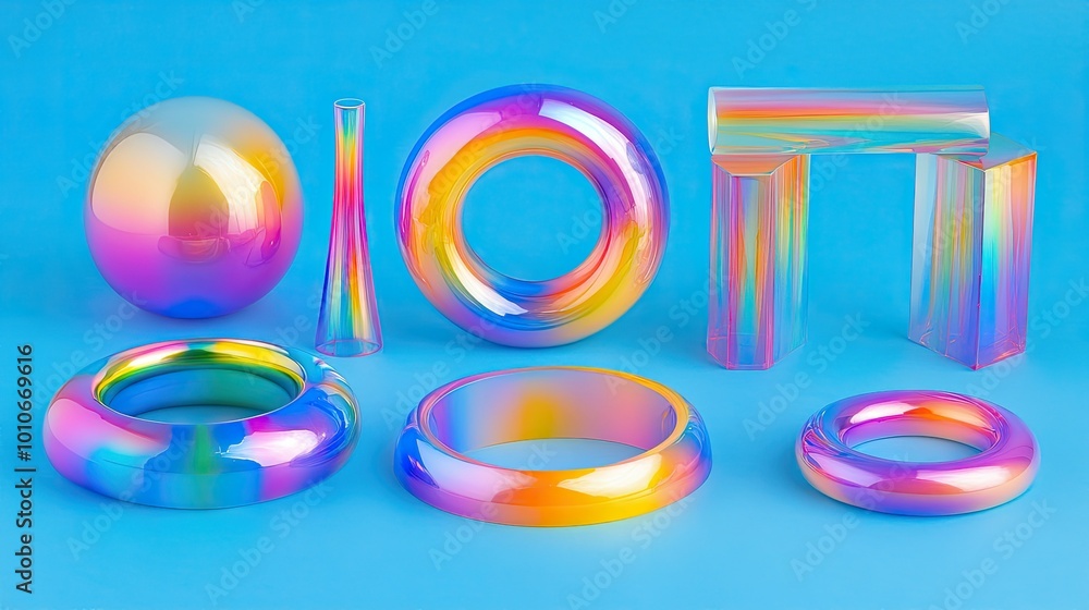 A collection of iridescent geometric shapes, including a sphere, a cylinder, a torus, and a ring, are arranged on a blue background. A collection of iridescent geometric shapes, including a sphere, a cylinder, a torus, and a ring, are arranged on a blue background.