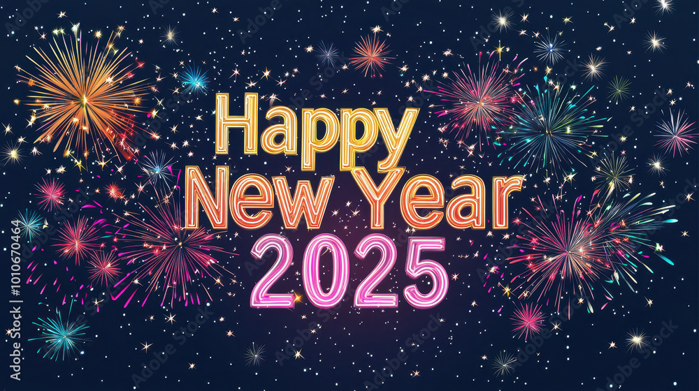 Festive New Year 2025 greeting with fireworks in vibrant colors against a dark night sky filled with stars Festive New Year 2025 greeting with fireworks in vibrant colors against a dark night sky filled with stars
