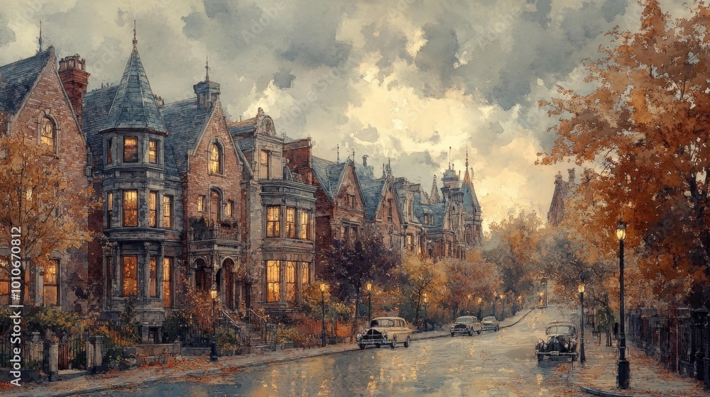 Fototapeta premium Vintage European Townhouses on a Cloudy Autumn Day Generative AI