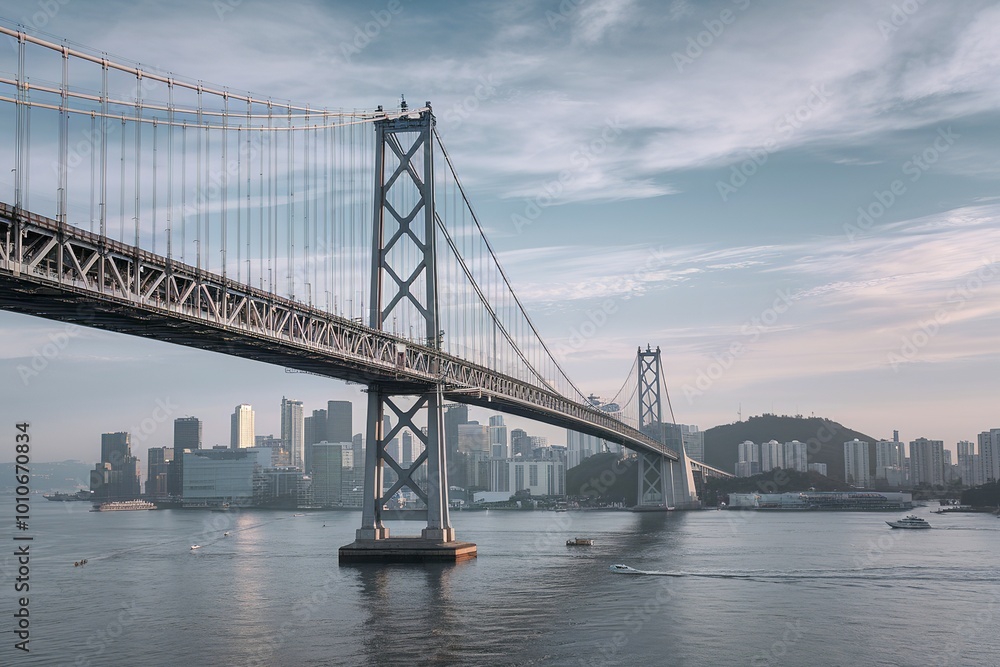 A large suspension bridge spanning a body of water, with a city skyline visible in the background A large suspension bridge spanning a body of water, with a city skyline visible in the background