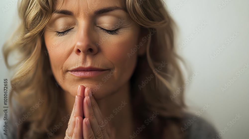 Middle-aged white woman with hands clasped in prayer, eyes closed, conveying peace and introspection, concept of faith and meditation, includes Thanksgiving Middle-aged white woman with hands clasped in prayer, eyes closed, conveying peace and introspection, concept of faith and meditation, includes Thanksgiving