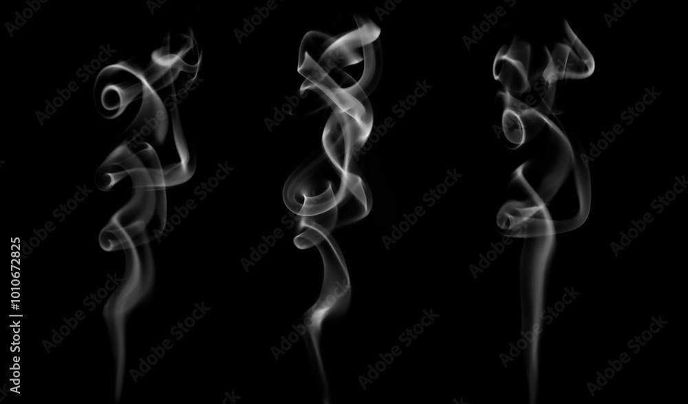 Isolated white fog or smoke effect on black background. White clouds. Fog or smoke background. Vapor. Illustration showing various textures and densities of smoke. Isolated white fog or smoke effect on black background. White clouds. Fog or smoke background. Vapor. Illustration showing various textures and densities of smoke.