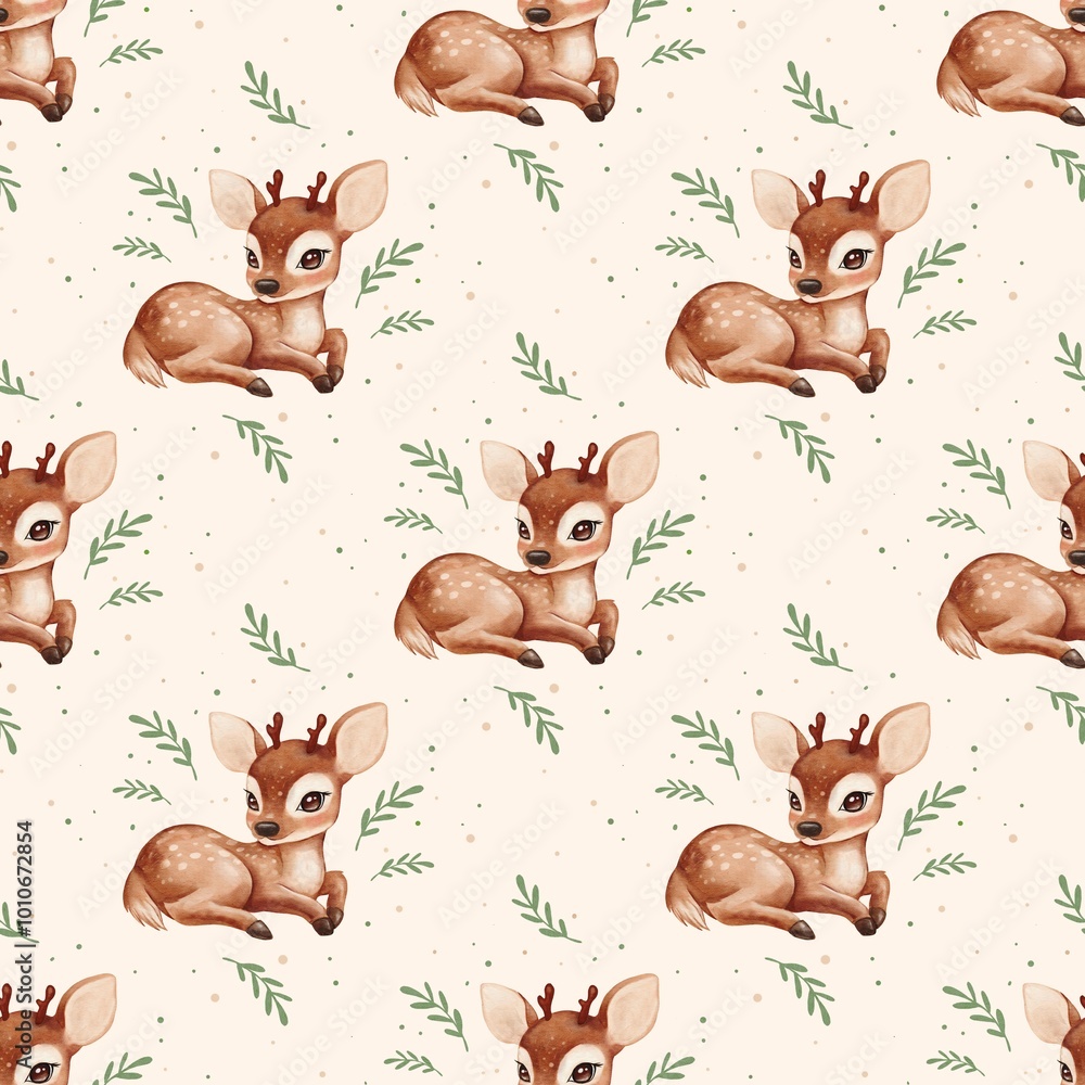 Cute illustrated pattern of baby deer surrounded by leaves on a soft beige background Cute illustrated pattern of baby deer surrounded by leaves on a soft beige background