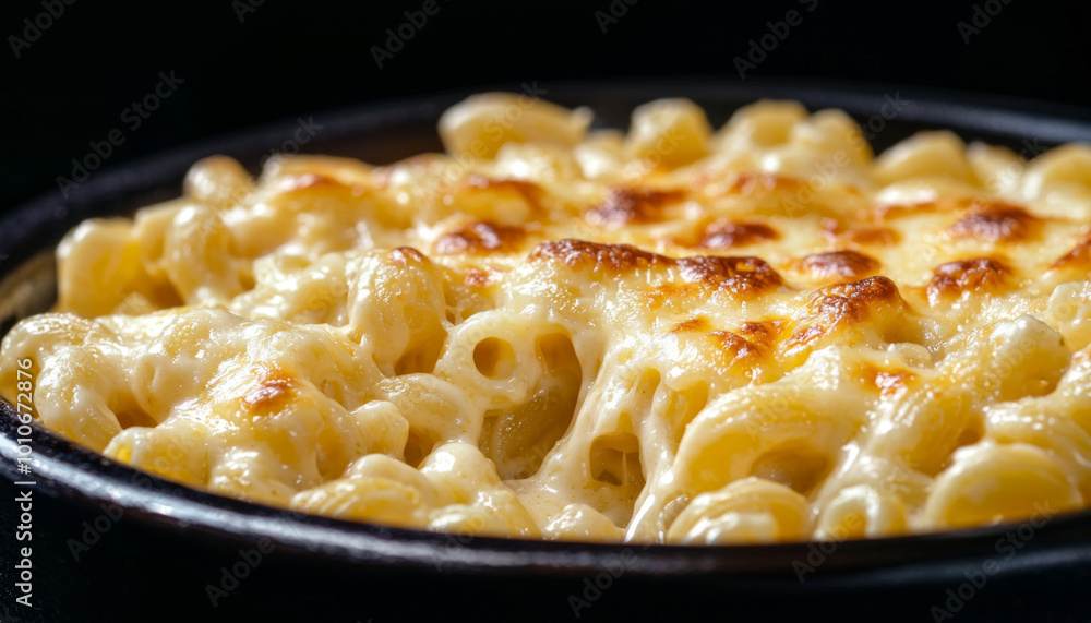 A close-up of creamy, baked macaroni and cheese, showcasing its golden, melted cheese and pasta texture. A close-up of creamy, baked macaroni and cheese, showcasing its golden, melted cheese and pasta texture.