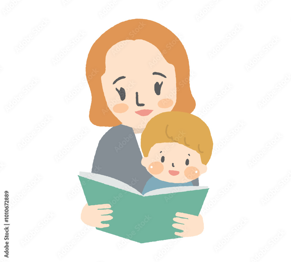 子供と一緒に絵本を読んでいる母親 子供と一緒に絵本を読んでいる母親