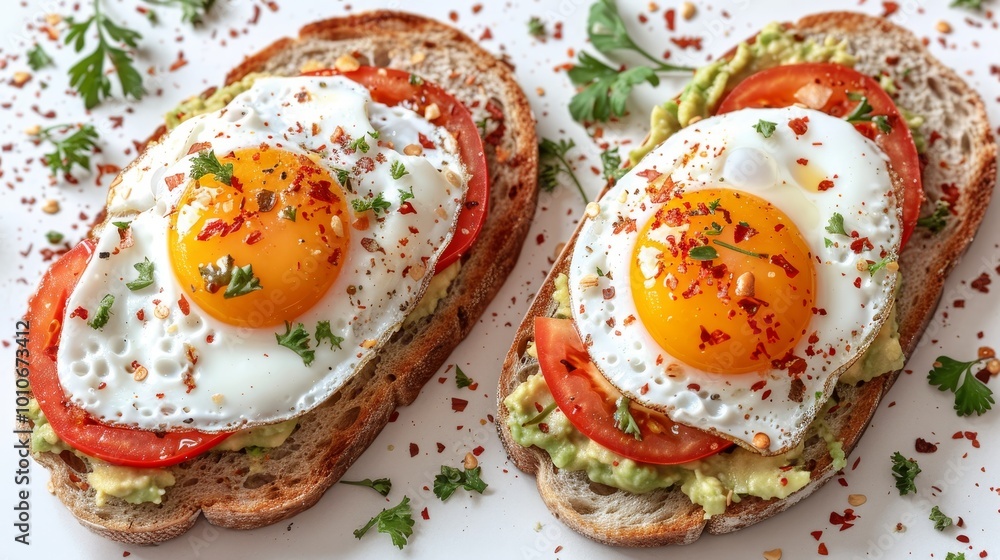Two Slices of Avocado Toast with Fried Eggs, Tomatoes, and Chili Flakes on a White Surface Two Slices of Avocado Toast with Fried Eggs, Tomatoes, and Chili Flakes on a White Surface