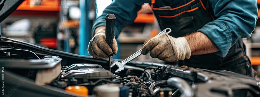 Mechanic working with wrench in auto repair shop. Car service and maintenance concept Mechanic working with wrench in auto repair shop. Car service and maintenance concept